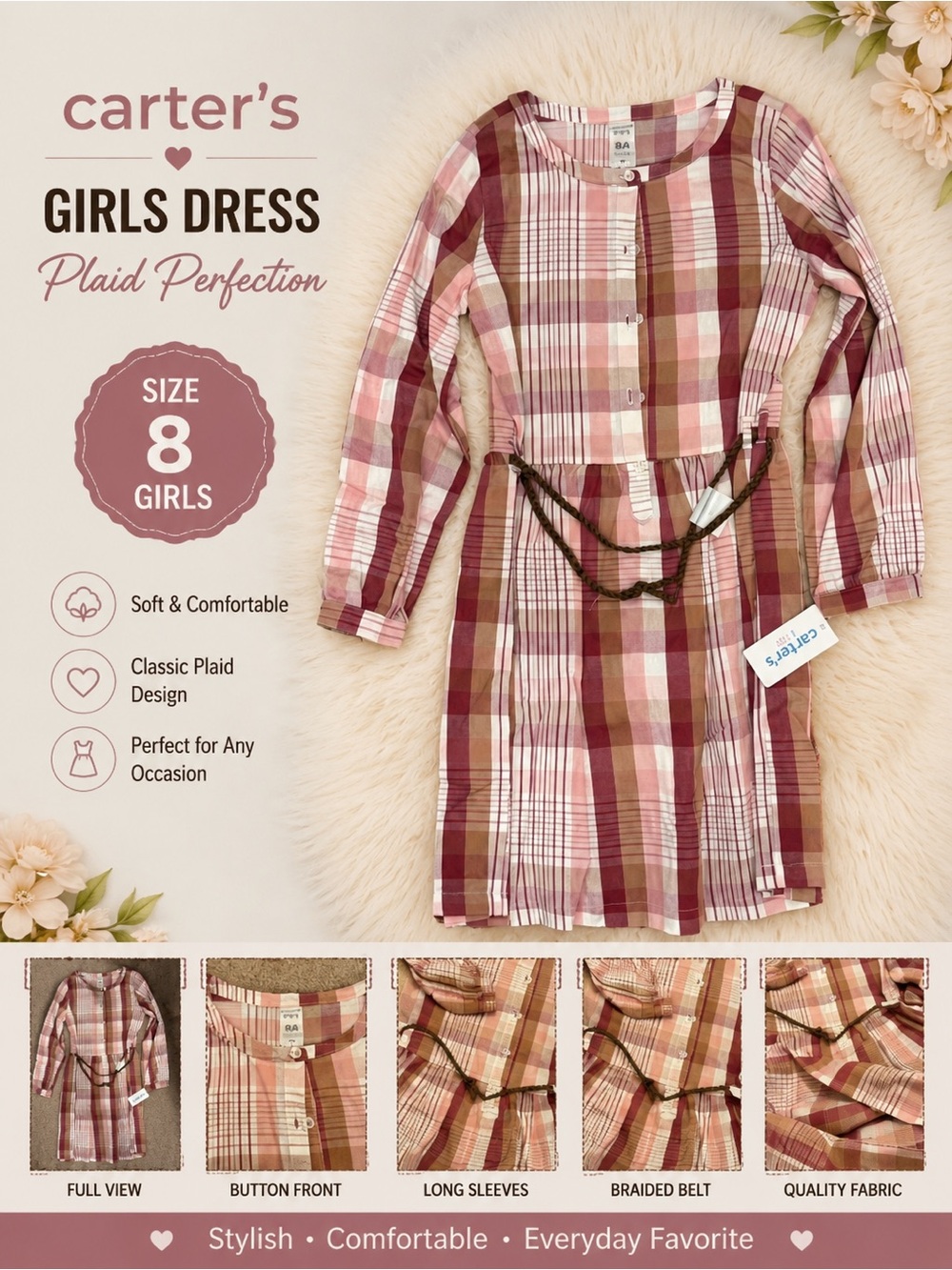 Plaid Long Sleeve Dress with Belt